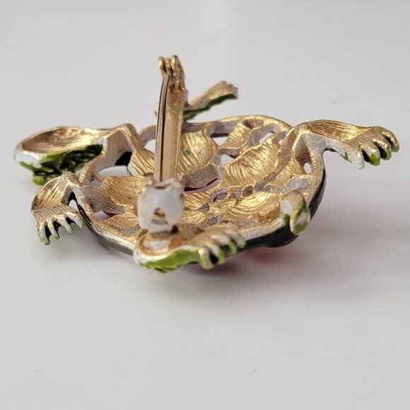 VTG Turtle Brooch Red Cabochon Shell Green Enamel Gold Tone Figural Tortoise Pin - Picture 4 of 8